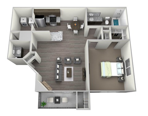 Floor plan for 1 bed, 1.5 baths, 740 sqft